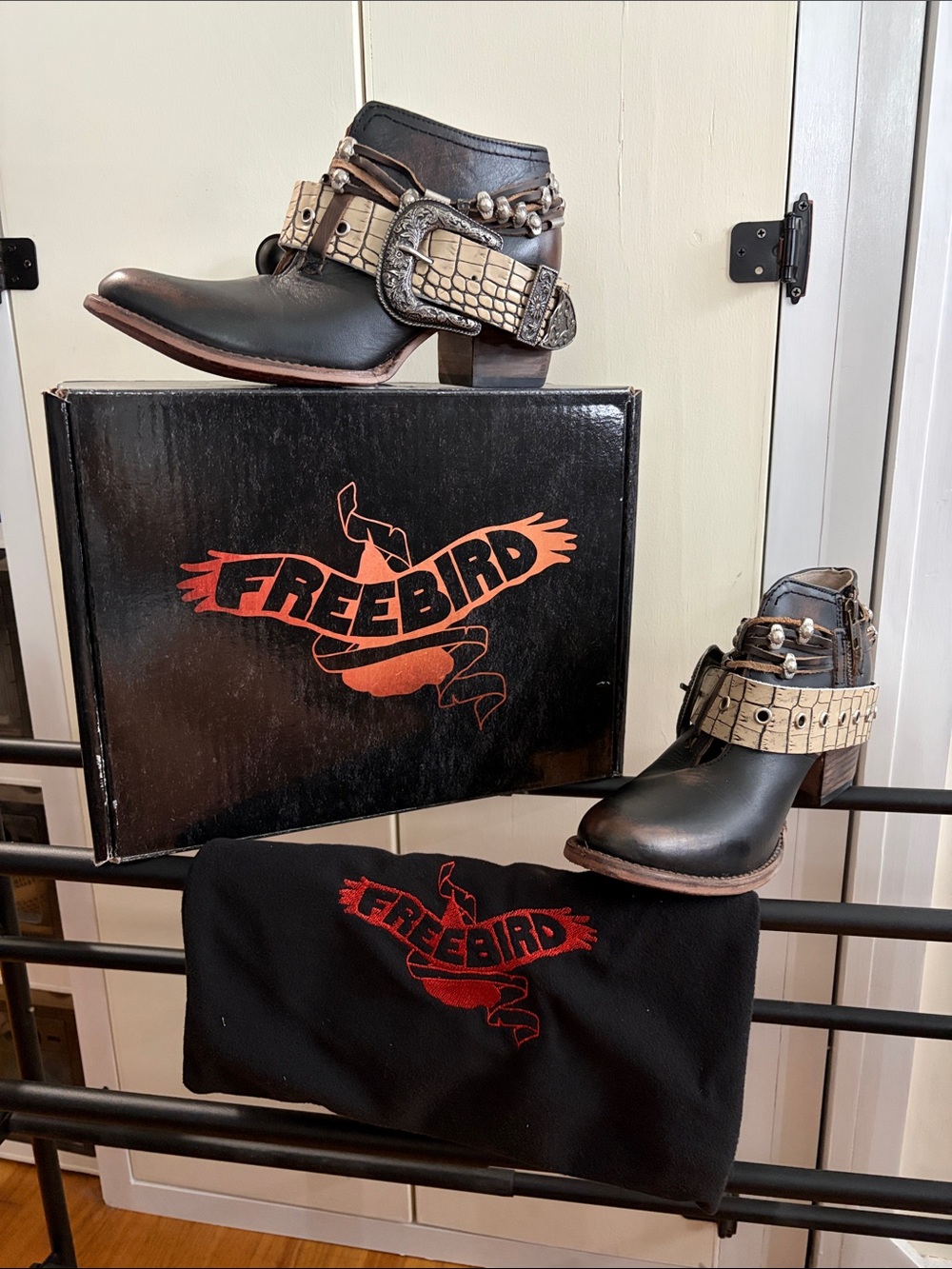 Freebird by Steven Black and Cream Ankle Booties with Buckle Accents